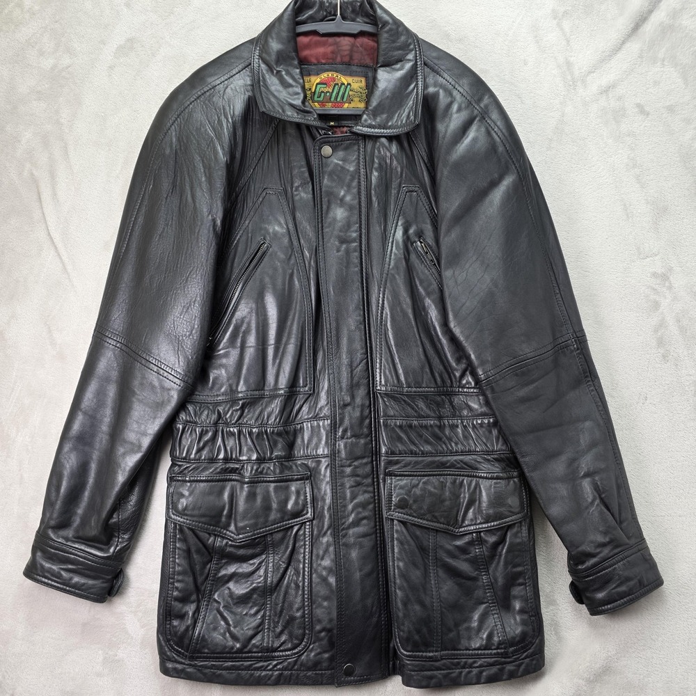 Vintage G III Leather Jacket Mens Medium Black Long Leather Coat Red Lining‎ 90s